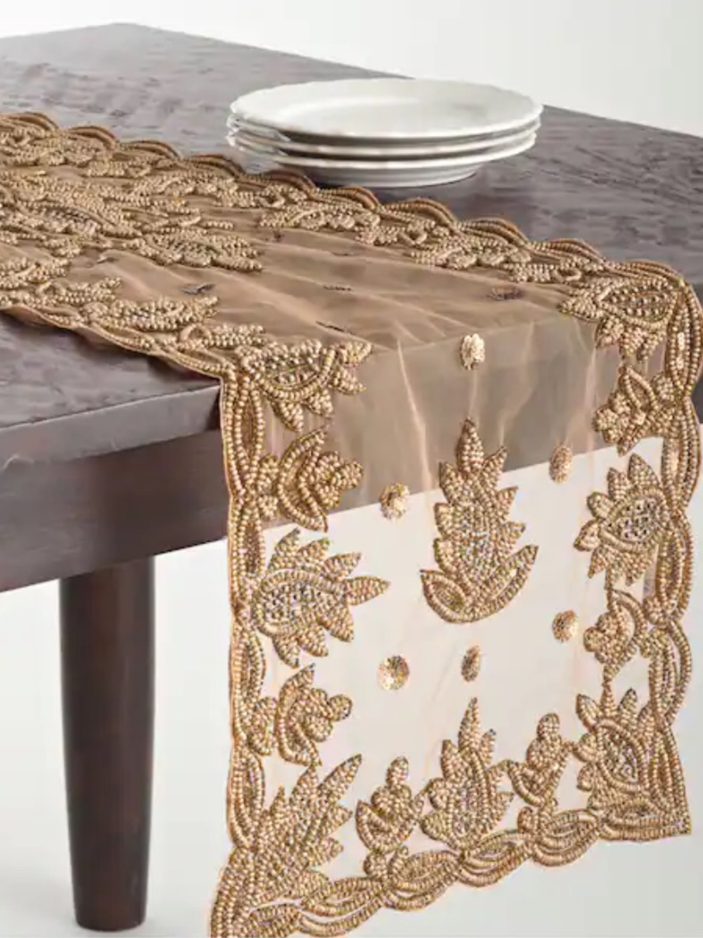 Hand Beaded Design Table Topper or Runner - Sheer Taupe